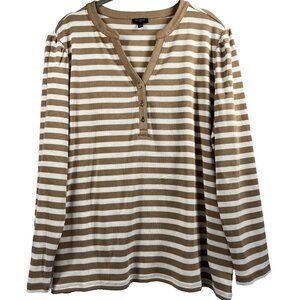 Talbots Plus Top 2X Brown White Stripe Puff Long Sleeves Gold Buttons Pullover‎